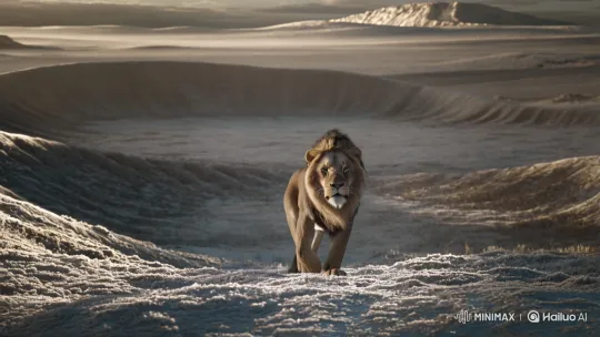 Majestic Lion Stands Resilient in Icy Desert – AI Generated Video | Hailuo AI