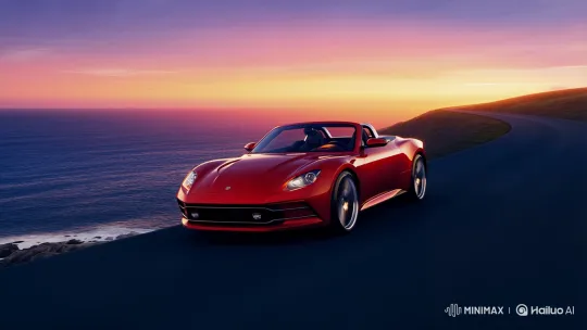 Red Sports Car Drives Along Coastal Sunset Highway – AI Generated Video | Hailuo AI