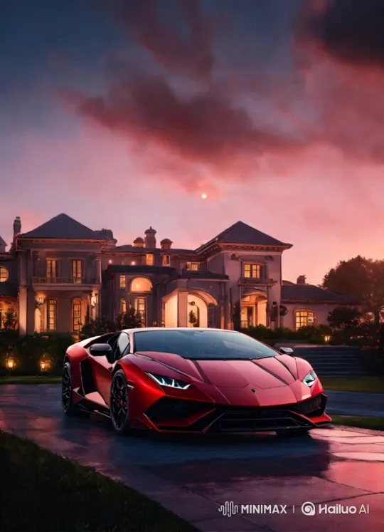 Sports Car Departure in Sunset at Luxurious Mansion – AI Generated Video | Hailuo AI
