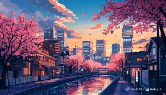 Vibrant Anime City Canal at Sunset Loop – AI Generated Video | Hailuo AI