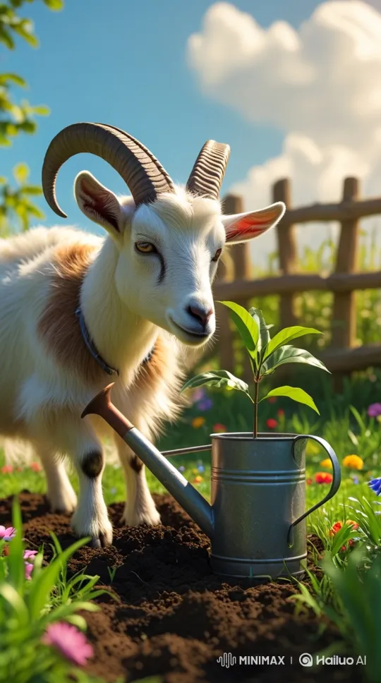 Goat Gently Plants Seedling in Sunlit Garden – AI Generated Video | Hailuo AI