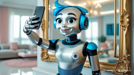 Female Robot Poses for a Selfie in a Living Room – AI Generated Video | Hailuo AI