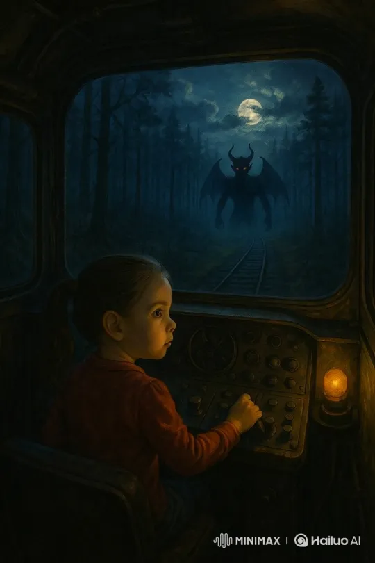 Brave Girl Pilots Steam Train Against Demon in Foggy Forest – AI Generated Video | Hailuo AI