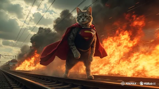 Colossal Cat Superhero Saves Burning Train – AI Generated Video | Hailuo AI