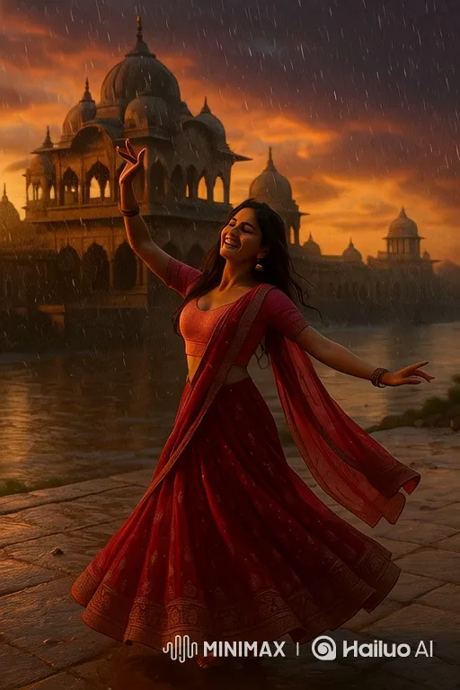 Traditional Dancer Celebrates in Rain by Sunset Lake – AI Generated Video | Hailuo AI