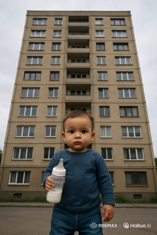 Toddler Dances and Drinks Milk in Front of Building – AI Generated Video | Hailuo AI