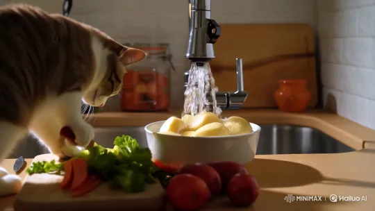 Fluffy Cat Cuts Vegetables in a Clean Kitchen – AI Generated Video | Hailuo AI