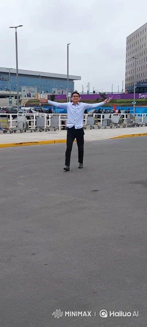 Joyful Man Embraces Airport Moment with Wide Arms – AI Generated Video | Hailuo AI