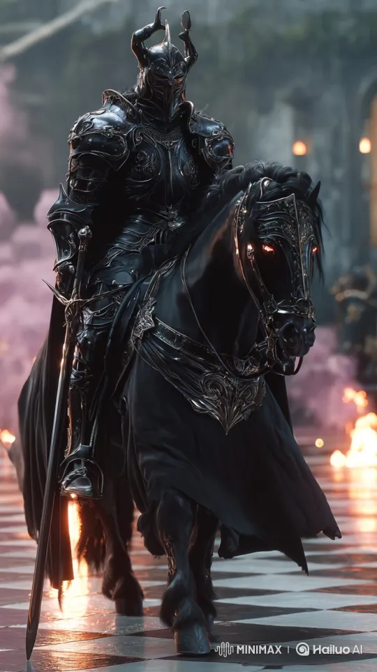 Knight on Armored Horse Charges Through Shadowy Hall – AI Generated Video | Hailuo AI
