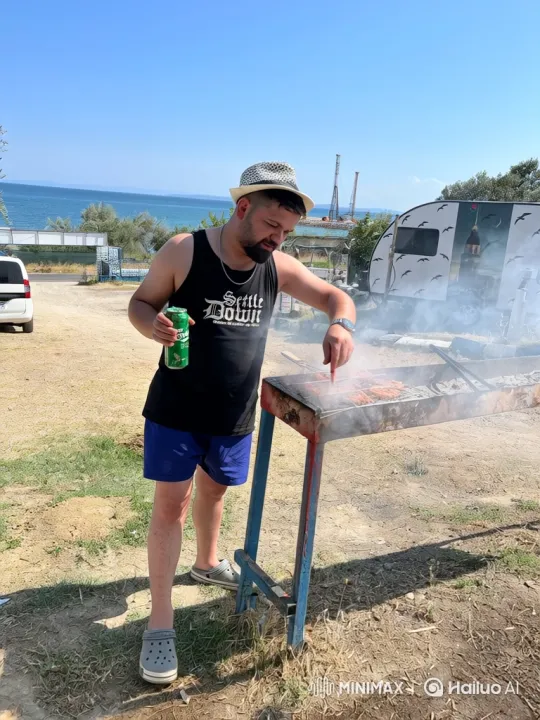 Man Grills on Seaside, Transitions to Cosmic Barbecue – AI Generated Video | Hailuo AI