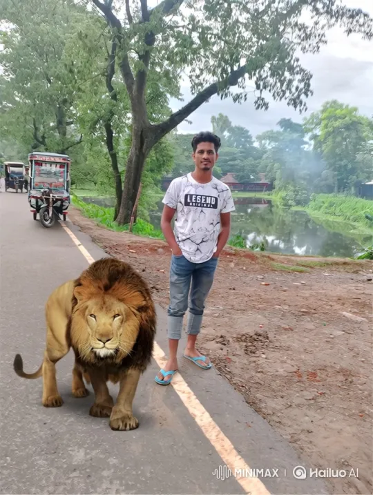 Young Man and Lion Walk Side by Side on Rural Road – AI Generated Video | Hailuo AI