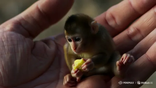 Miniature Monkey Enjoying Banana on Human Hand – AI Generated Video | Hailuo AI