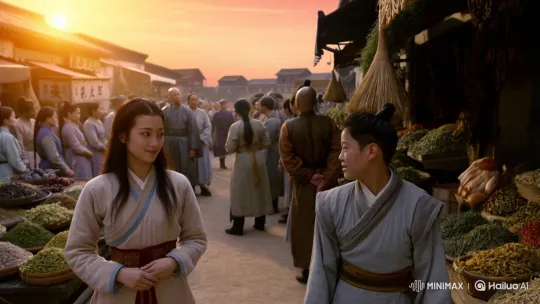 Ancient City Market Stroll Interrupted by Martial Arts Announcement – AI Generated Video | Hailuo AI