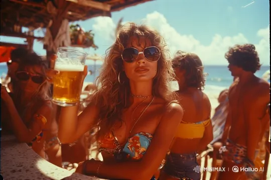 Stylish Woman Dancing Gracefully at Beach Bar – AI Generated Video | Hailuo AI