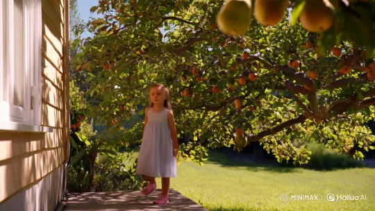 Child Steps into Serene Garden with Birds and Pears – AI Generated Video | Hailuo AI