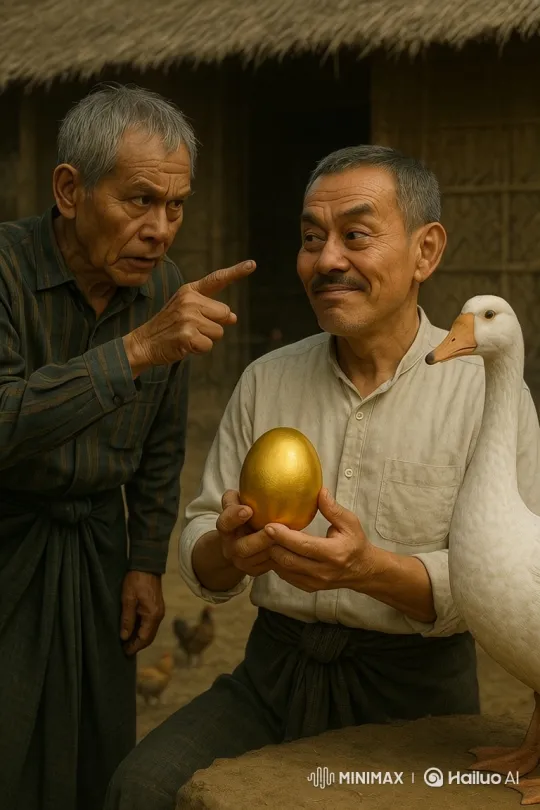 Old Men Argue Over Golden Egg Amidst Rustic Setting – AI Generated Video | Hailuo AI