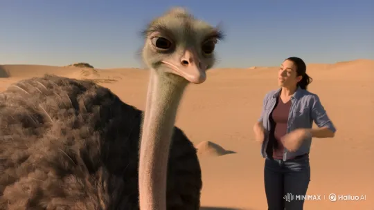 Person Surprises Ostrich, Which Then Buries Head in Sand – AI Generated Video | Hailuo AI