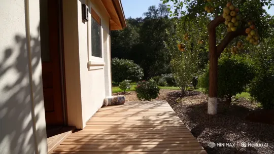 Young Girl on Sunny Porch with Pear Tree – AI Generated Video | Hailuo AI
