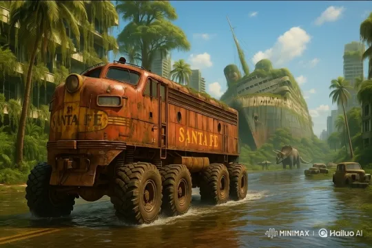 Rustic Locomotive Navigates Flooded Prehistoric Urban Jungle – AI Generated Video | Hailuo AI