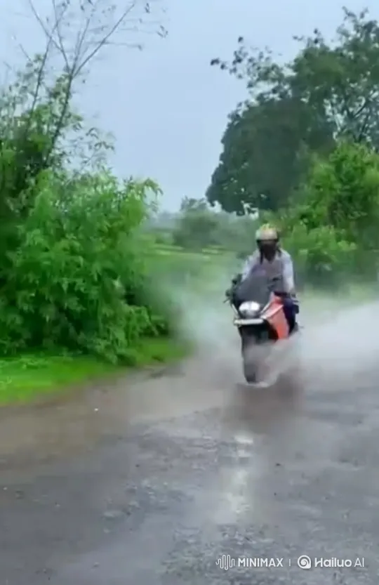 Rider Loses Control on Wet Road, Crashes Motorcycle – AI Generated Video | Hailuo AI