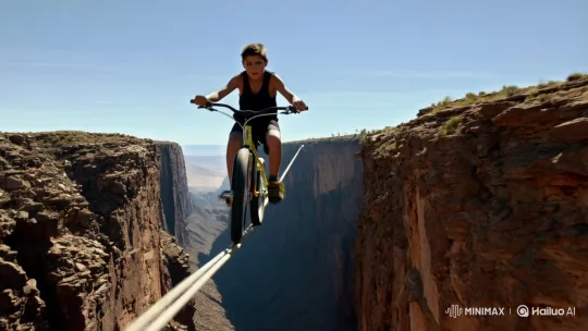 Boy Balances Bicycle on Tightrope Between Cliffs – AI Generated Video | Hailuo AI