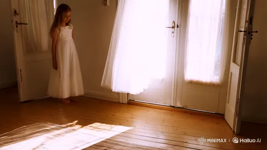 Girl in White Enters Serene, Sunlit Room – AI Generated Video | Hailuo AI