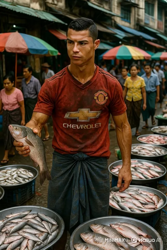 Cristiano Ronaldo-Lookalike Inspects Fish at Outdoor Market – AI Generated Video | Hailuo AI