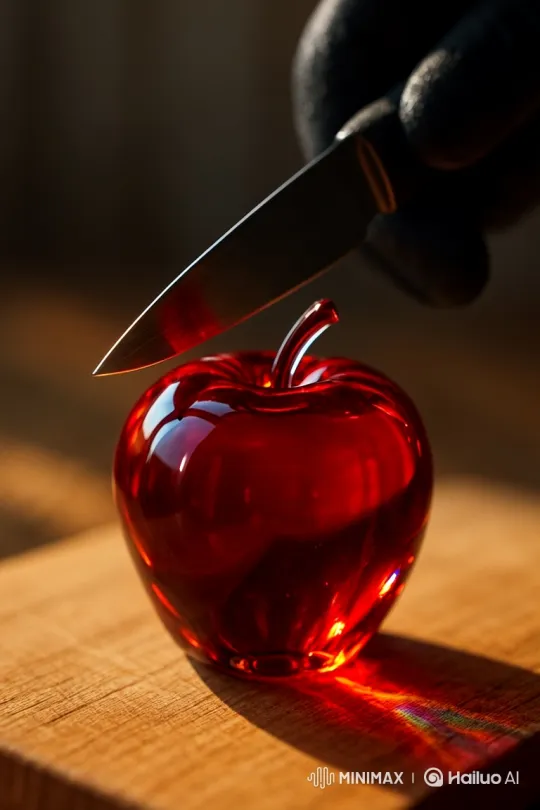 Glass Apple Sliced with Precision on Wooden Board – AI Generated Video | Hailuo AI