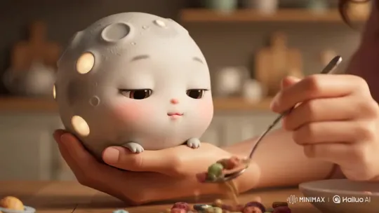 Cute Moon Doll Eats Saturn Cereal with ASMR Chews – AI Generated Video | Hailuo AI
