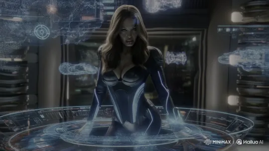 Angelina Jolie as Seductive Futuristic Spy in Sci-Fi Control Room – AI Generated Video | Hailuo AI