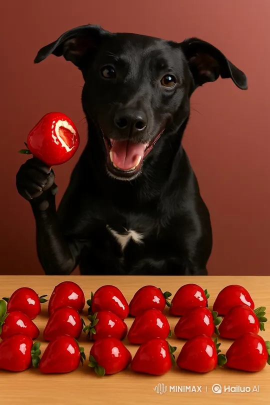 Cute Dog Joyfully Eats Strawberries in Cozy Kitchen – AI Generated Video | Hailuo AI