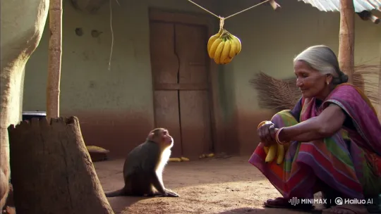 Grandmother Teaches Monkey Lesson in Hard Work – AI Generated Video | Hailuo AI