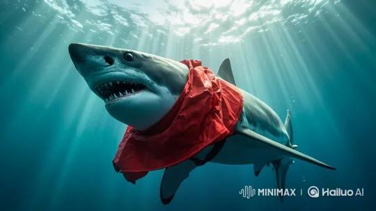 Great White Shark Nurtures with Baby Bottle in Deep Blue – AI Generated Video | Hailuo AI