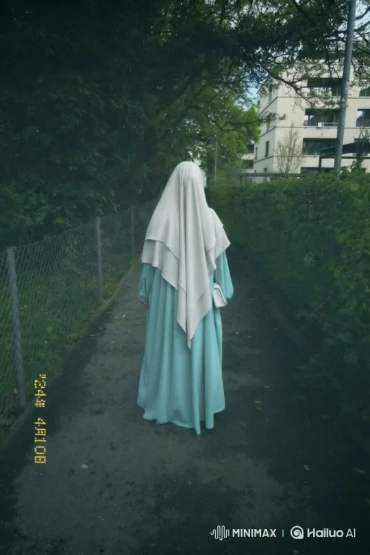 Person in Blue Walks Through Lush Green Path – AI Generated Video | Hailuo AI