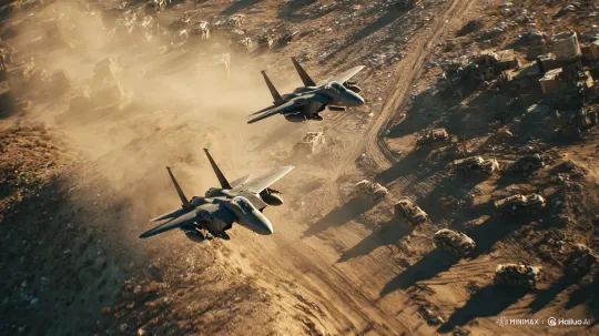 Aerial Display: Fighter Jets Over Desert Convoy – AI Generated Video | Hailuo AI