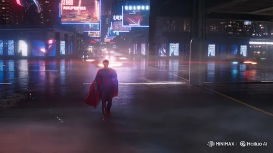 Cyberpunk Night: Heroic Superhero Walks Confidently – AI Generated Video | Hailuo AI