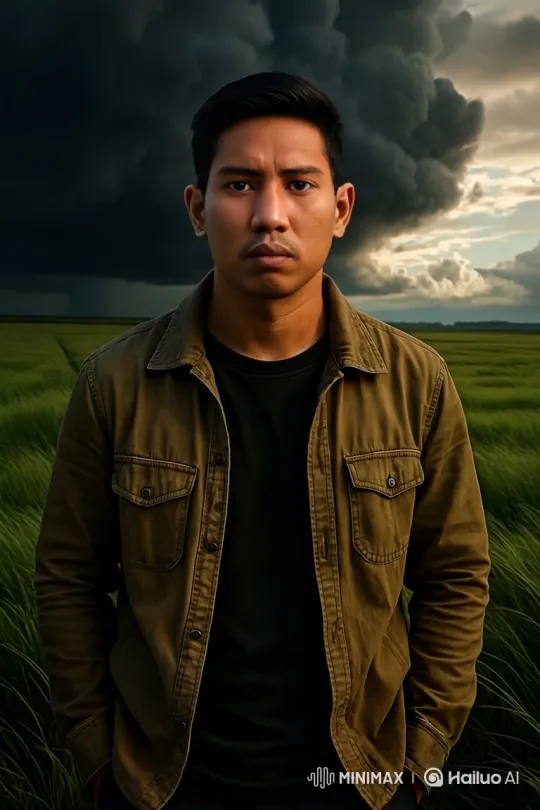 Asian Man Stands Still in Dramatic Grassland Sky Setting – AI Generated Video | Hailuo AI