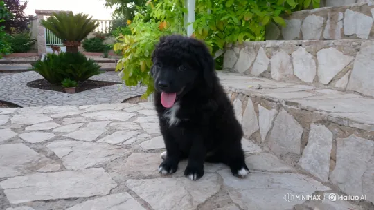 Adorable Black Puppy on Stone Steps Amidst Greenery – AI Generated Video | Hailuo AI