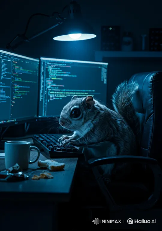 Flying Squirrel Programmer Smashes Keyboard in Frustration – AI Generated Video | Hailuo AI