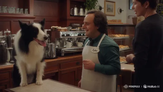 Talking Dog Orders Cappuccino from Excited Barista – AI Generated Video | Hailuo AI