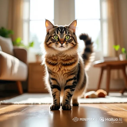 Curious Tabby Cat in Sunlit Living Room – AI Generated Video | Hailuo AI