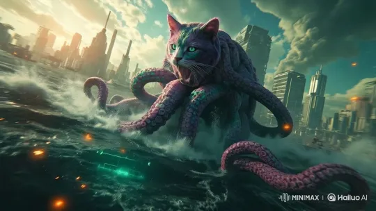 Futuristic Cat-Octopus Hybrid in War-Torn City Chase – AI Generated Video | Hailuo AI