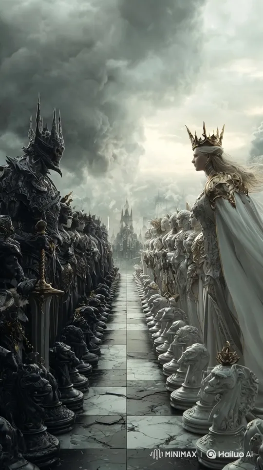 Opposing Armies on a Marble Chessboard Prepare for Battle – AI Generated Video | Hailuo AI