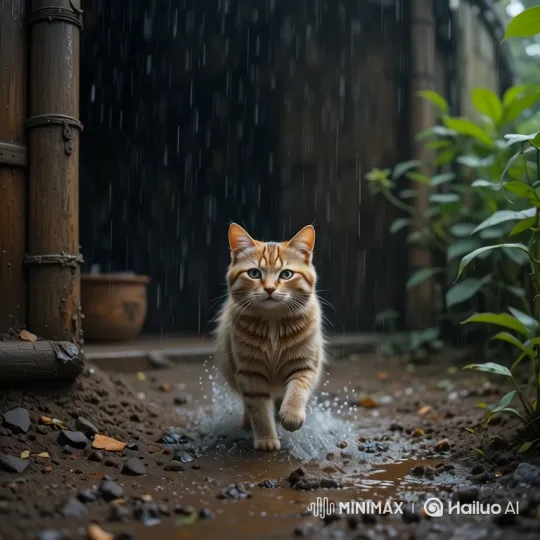 Curious Orange Tabby Cat Walks Through Rainy Garden – AI Generated Video | Hailuo AI