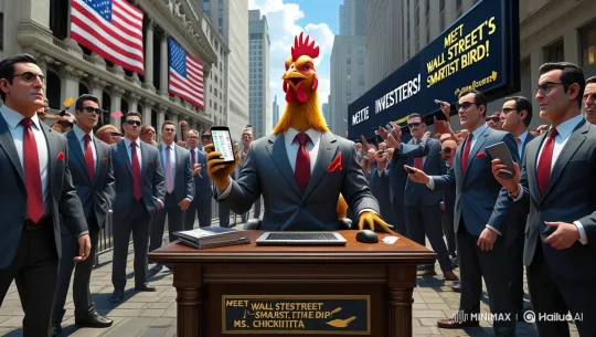 Surreal Rooster Struts Confidently Down Wall Street – AI Generated Video | Hailuo AI