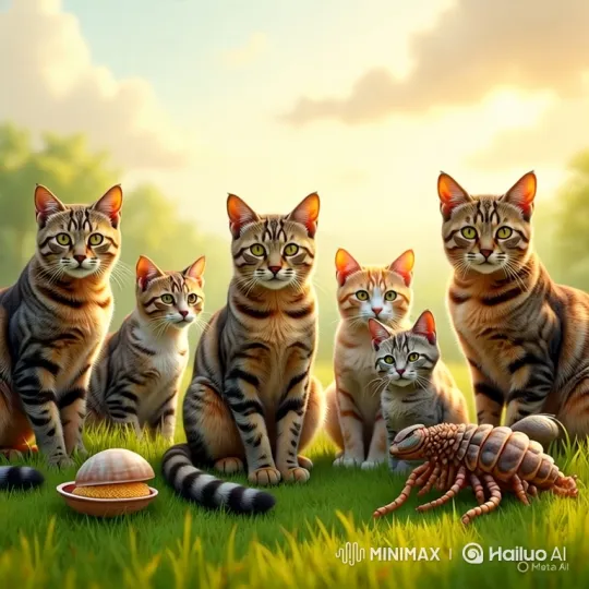 Calm Cats and Curious Creature in Sunlit Field – AI Generated Video | Hailuo AI