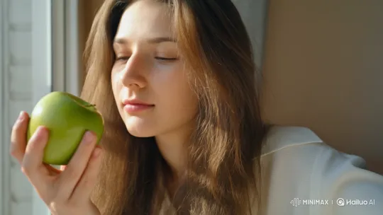 Young Woman Enjoying an Apple by the Window – AI Generated Video | Hailuo AI