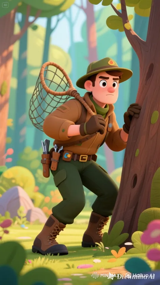 Young Explorer Stealthily Advances Through Stylized Forest – AI Generated Video | Hailuo AI