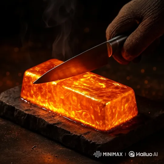 Lava Block Sliced with Knife in Dramatic Heat Test – AI Generated Video | Hailuo AI