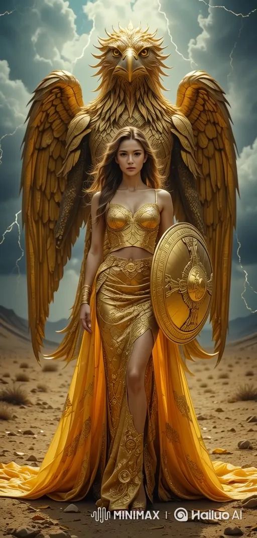Female Warrior and Golden Creature in Stormy Landscape – AI Generated Video | Hailuo AI